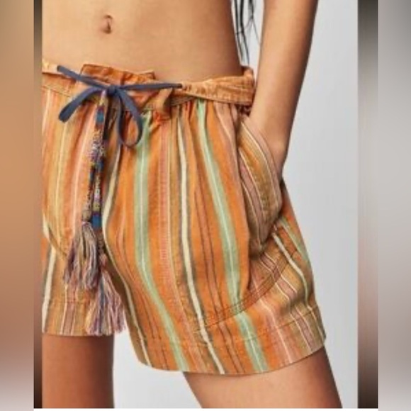 Free People Orange and Blue Stripe Shorts with Bohemian Tassels Women’s XS New - Picture 1 of 5
